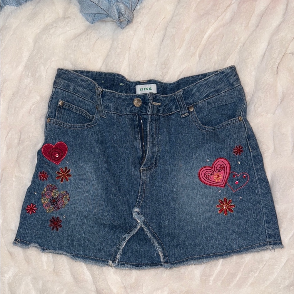 NWT Embroidered Denim Skirt with Heart Designs